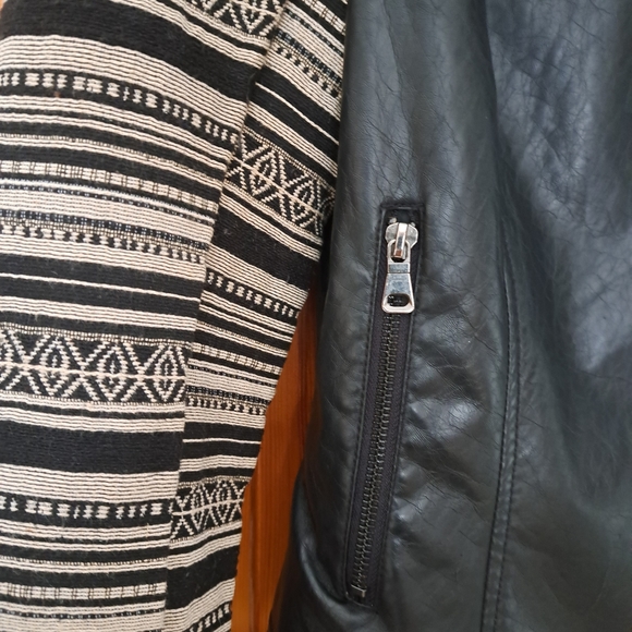 Faux Leather Moto Jacket with Knit Sleeves - Picture 12 of 14